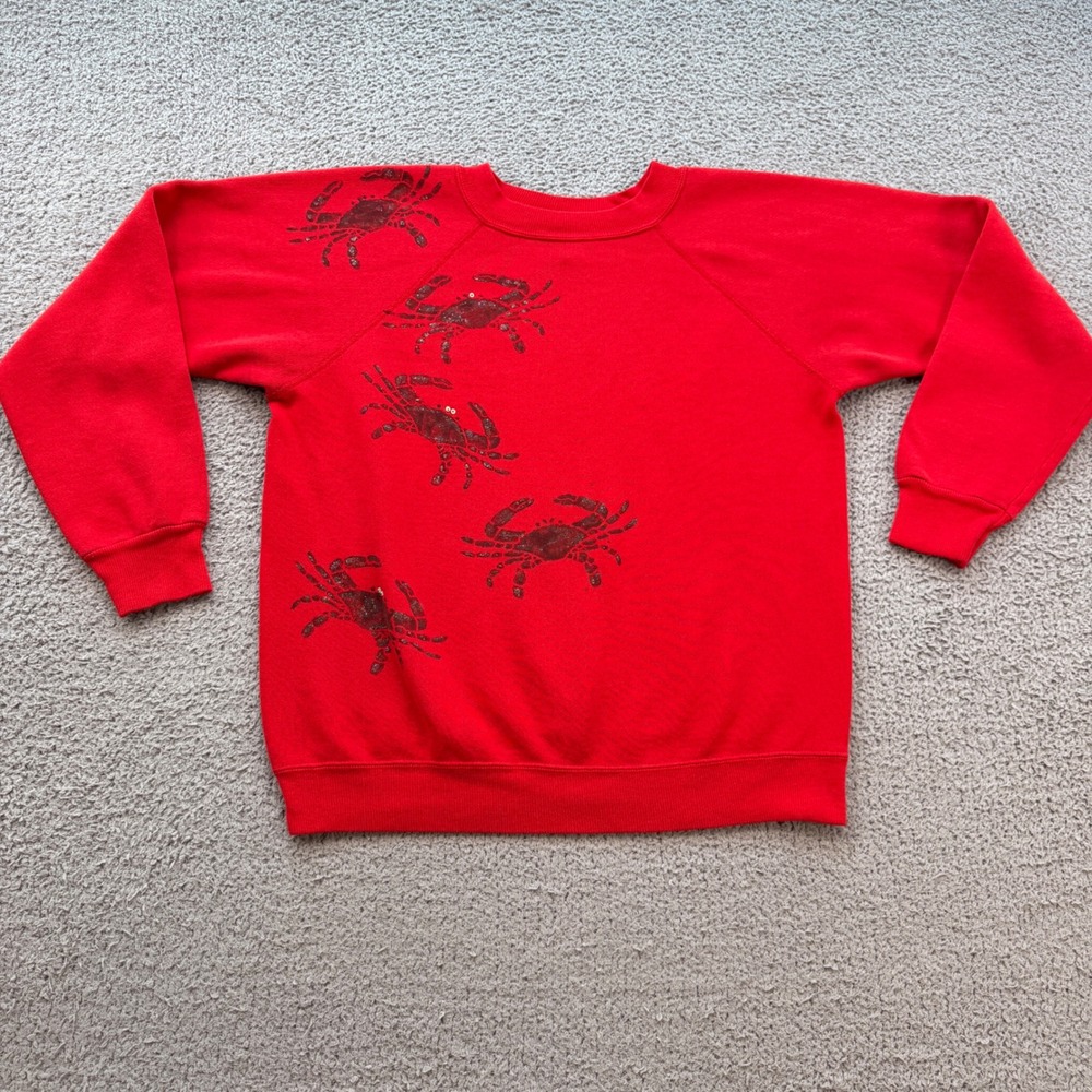 Vintage Hanes Her Way Red Sequin Crab Sweatshirt USA Made Medium 80s 90s